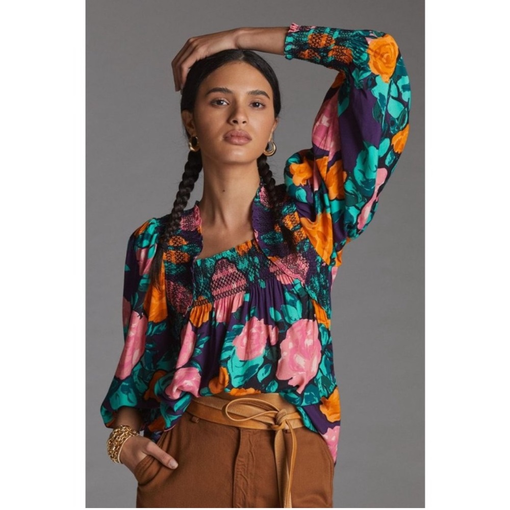 nwt ANTHROPOLOGIE | Reese Puff-Sleeved Floral Blouse by Plenty by Tracy | sz SM